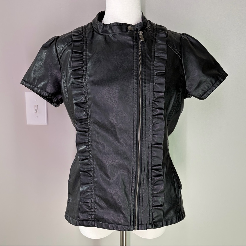 Wet Seal Faux Leather Ruffle Zip Up Top